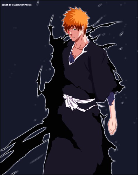 Anime picture 1100x1396 with bleach studio pierrot kurosaki ichigo shadowofprince single tall image short hair japanese clothes orange hair orange eyes coloring torn clothes magic boy belt kimono