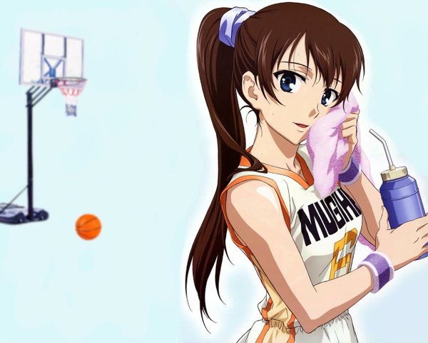 Anime picture 1280x1024 with true tears yuasa hiromi single long hair looking at viewer open mouth blue eyes simple background brown hair holding ponytail light smile sleeveless girl uniform gym uniform towel ball wristlet water bottle