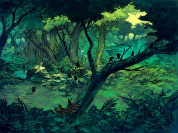 Anime picture 1068x800 with original lack no people landscape green background plant (plants) tree (trees) forest mushroom (mushrooms)