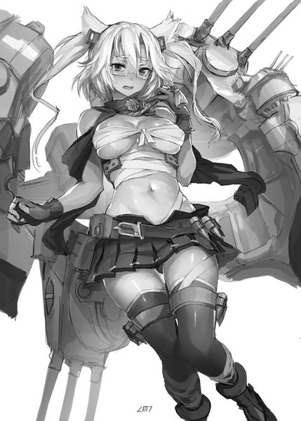 Anime picture 800x1119 with kantai collection musashi super battleship lm7 (op-center) single long hair tall image looking at viewer blush light erotic two side up monochrome sketch girl thighhighs skirt gloves navel weapon miniskirt glasses