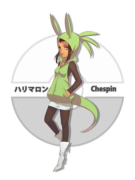 Anime picture 750x1000 with pokemon pokemon xy nintendo chespin ryushin single long hair tall image black hair simple background white background bent knee (knees) light smile grey eyes hands in pockets gen 6 pokemon girl pantyhose boots hood