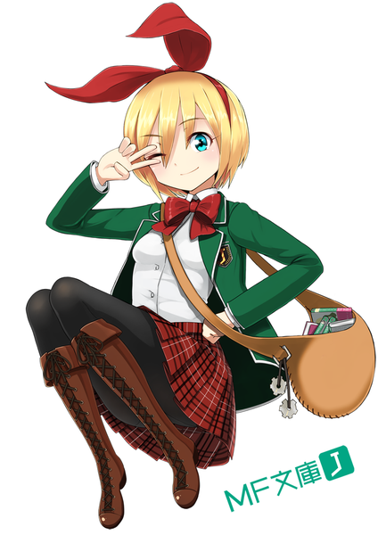 Anime picture 800x1131 with original nosuku single tall image looking at viewer blush short hair blue eyes simple background blonde hair white background one eye closed wink hand on hip victory lacing girl uniform bow hair bow