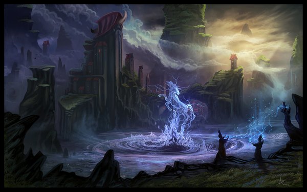 Anime picture 1440x901 with niltrace wide image signed sky cloud (clouds) magic mountain landscape framed rock lightning lake animal water bird (birds) building (buildings) castle people horse