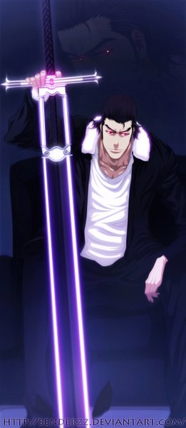 Anime picture 653x1500 with bleach studio pierrot ginjou kuugo benderzz single tall image short hair black hair smile red eyes coloring zoom layer boy weapon fur huge weapon huge sword