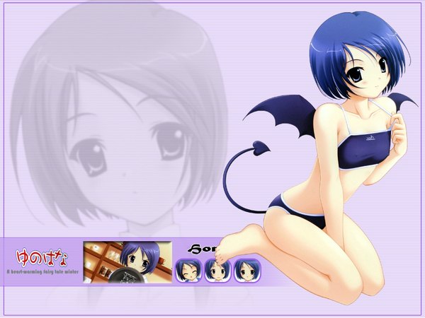 Anime picture 1600x1200 with yunohana katsurazawa honami fujiwara warawara single short hair breasts blue eyes light erotic blue hair tail wallpaper demon tail demon wings girl swimsuit bikini wings