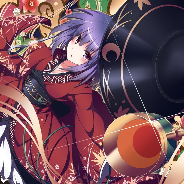 Anime picture 1000x1000 with touhou sukuna shinmyoumaru ugume single looking at viewer blush short hair purple eyes blue hair traditional clothes japanese clothes girl flower (flowers) kimono obi