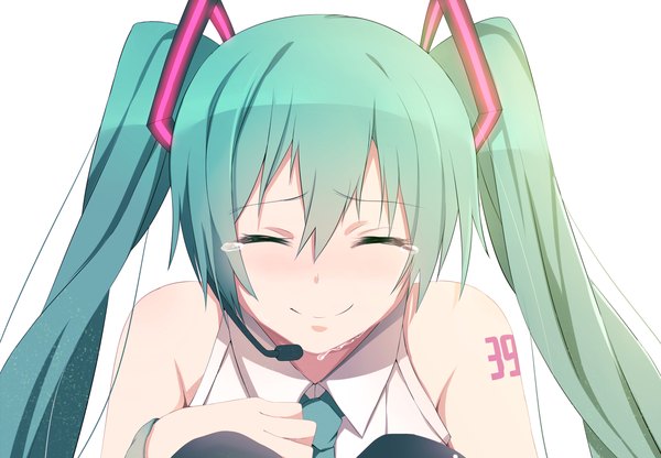 Anime picture 1225x850 with vocaloid hatsune miku hews single smile white background twintails bare shoulders eyes closed very long hair aqua hair tears girl hair ornament