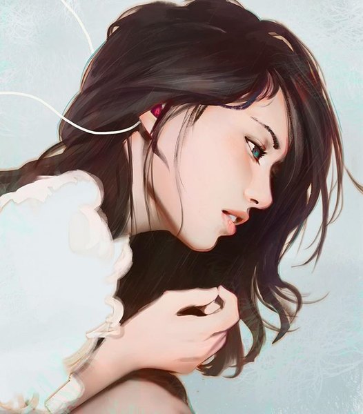 Anime picture 750x855 with original guweiz single long hair tall image open mouth blue eyes black hair simple background upper body profile lips teeth leaning looking down portrait blue background girl headphones