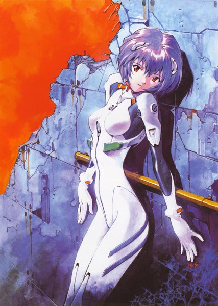 Anime picture 2108x2964 with neon genesis evangelion rebuild of evangelion evangelion: 2.0 you can (not) advance gainax ayanami rei single tall image highres short hair red eyes blue hair ruins girl bodysuit pilot suit