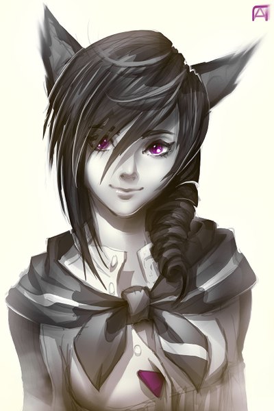 Anime picture 864x1296 with final fantasy final fantasy xiv square enix pechan (artist) single long hair tall image looking at viewer fringe black hair simple background white background purple eyes animal ears light smile monochrome girl shirt clothes