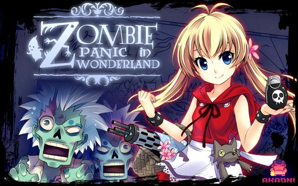 Anime picture 1500x938 with zombie panic in wonderland blue eyes blonde hair wide image twintails zombie girl flower (flowers) weapon bracelet hood apron toy stuffed animal basket