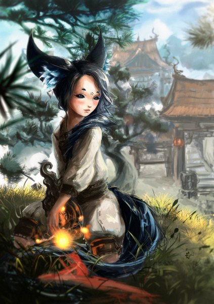 Anime picture 847x1200 with blade & soul lyn (blade & soul) protorc single long hair tall image blush blue eyes black hair animal ears tail traditional clothes animal tail forehead mark girl plant (plants) tree (trees) japanese house