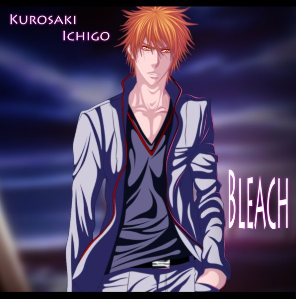 Anime picture 1000x1010 with bleach studio pierrot kurosaki ichigo hollowcn single tall image short hair yellow eyes orange hair inscription coloring letterboxed hand in pocket boy pants