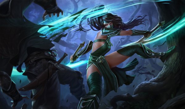 Anime picture 1215x717 with league of legends akali (league of legends) long hair black hair red eyes wide image holding ponytail official art dual wielding battle girl weapon plant (plants) tree (trees) boots armor mask forest ninja