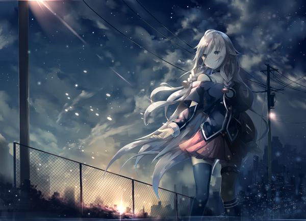 Anime picture 2591x1874 with vocaloid ia (vocaloid) c.c.r single blush fringe highres blue eyes hair between eyes standing bare shoulders signed payot looking away silver hair cloud (clouds) ahoge outdoors braid (braids) very long hair