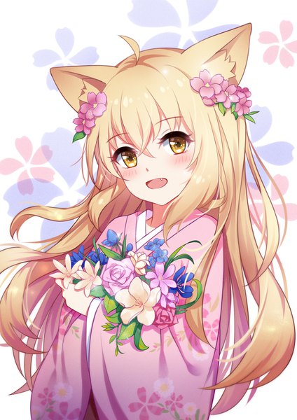 Anime picture 2480x3507 with konohana kitan yuzu (konohana kitan) akage kage single long hair tall image looking at viewer blush fringe highres open mouth blonde hair hair between eyes animal ears yellow eyes ahoge traditional clothes japanese clothes hair flower fang (fangs)