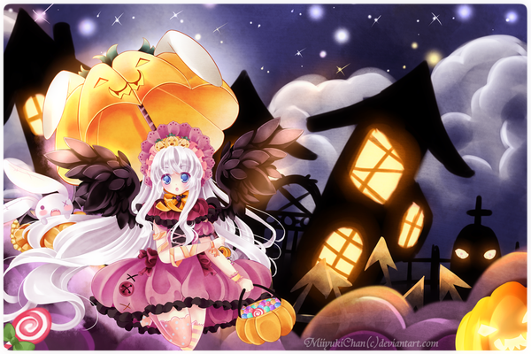Anime picture 1500x1000 with original maruuki single blush open mouth blue eyes cloud (clouds) white hair very long hair night :o night sky halloween girl thighhighs dress animal wings food sweets