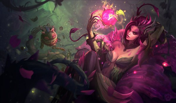 Anime picture 1024x604 with league of legends teemo (league of legends) zyra (league of legends) tagme (artist) long hair breasts wide image yellow eyes pink hair lips girl plant (plants) headdress goggles
