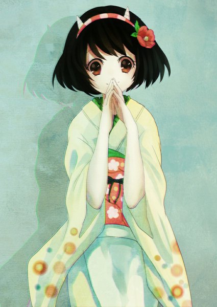 Anime picture 708x1000 with hoozuki no reitetsu wit studio peach maki yuji kazakiri single tall image looking at viewer short hair black hair smile standing brown eyes traditional clothes japanese clothes hair flower horn (horns) wide sleeves shadow fingers together girl