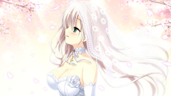 Anime picture 1280x720 with majo koi nikki suou hijiri asakura satsu single long hair blush breasts open mouth smile wide image large breasts bare shoulders green eyes game cg cleavage profile light smile grey hair cherry blossoms portrait