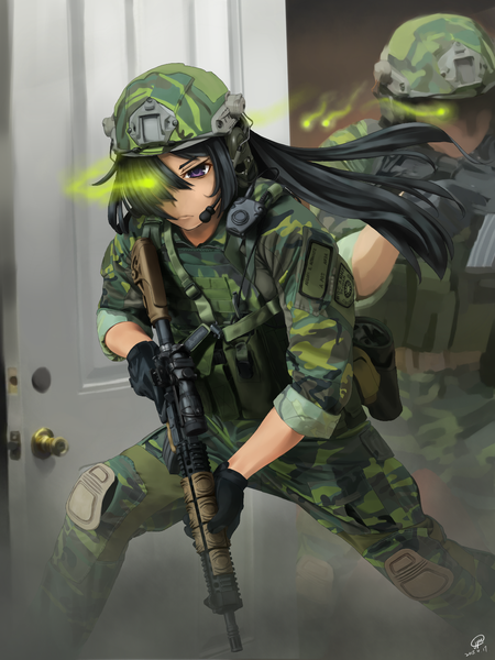 Anime picture 1200x1600 with original jpc long hair tall image fringe black hair purple eyes signed looking away hair over one eye glowing dated glowing eye (eyes) fighting stance serious twisty sleeves camouflage girl boy gloves