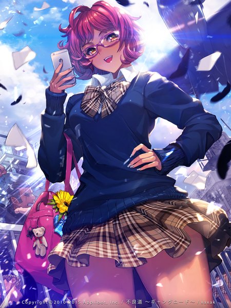 Anime picture 1600x2133 with furyou michi ~gang road~ apple inc. xaxak tall image looking at viewer blush fringe short hair open mouth black hair smile brown hair standing multiple girls holding signed yellow eyes payot looking away pink hair