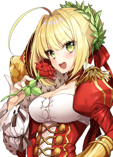 Anime picture 1261x1746 with fate (series) fate/extra nero claudius (fate) (all) nero claudius (fate) gambe single tall image blush fringe short hair breasts open mouth blonde hair simple background hair between eyes large breasts white background green eyes payot cleavage