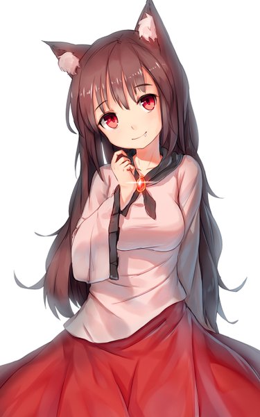 Anime picture 800x1280 with touhou imaizumi kagerou shone single long hair tall image looking at viewer blush fringe simple background smile red eyes brown hair white background animal ears teeth fang (fangs) arm behind back wolf ears wolf girl