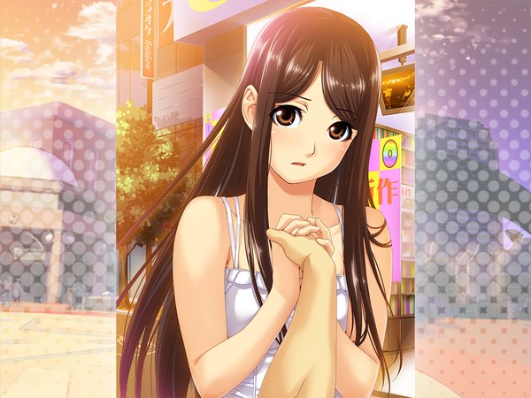 Anime picture 1024x768 with mukashi, kimoota doutei datta ore ga kane wo te ni iretara tagme (character) long hair looking at viewer blush brown hair bare shoulders brown eyes game cg upper body outdoors parted lips head tilt holding hands solo focus frilled dress polka dot pov girl dress