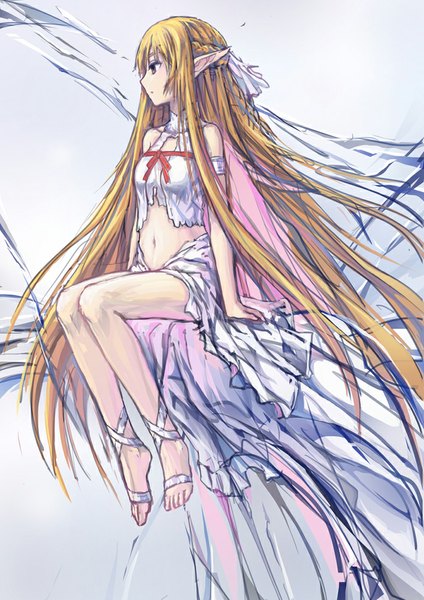 Anime picture 707x1000 with sword art online a-1 pictures yuuki asuna titania (alo) devilkero single long hair tall image fringe breasts sitting brown eyes looking away braid (braids) profile barefoot pointy ears bare legs legs girl