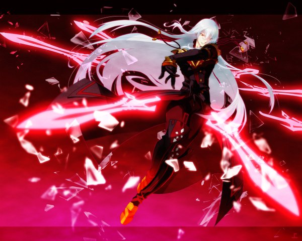 Anime picture 1280x1024 with tales of (series) tales of vesperia duke pantarei kagio (muinyakurumi) single long hair red eyes white hair glowing girl gloves weapon sword thigh boots cloak suit