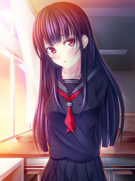 Anime picture 900x1200 with original kazane kirito single long hair tall image looking at viewer blush black hair red eyes girl serafuku desk