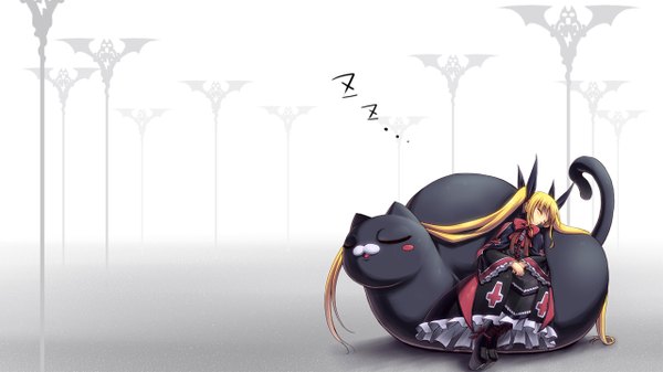Anime picture 1280x720 with blazblue rachel alucard single long hair blush simple background blonde hair wide image twintails eyes closed loli sleeping girl dress bow ribbon (ribbons) hair ribbon boots cat cross