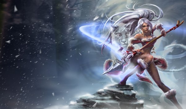 Anime picture 1215x717 with league of legends nidalee (league of legends) long hair wide image green eyes silver hair white hair ponytail girl navel weapon animal spear