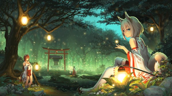 Anime picture 2667x1500 with original pinakes long hair looking at viewer fringe highres short hair black hair hair between eyes wide image standing sitting twintails bare shoulders multiple girls animal ears looking away sky outdoors white hair