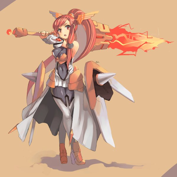 Anime picture 1200x1200 with blazblue izayoi (blazblue) nellen single long hair looking at viewer blush open mouth red eyes bare shoulders ponytail red hair girl huge weapon huge sword