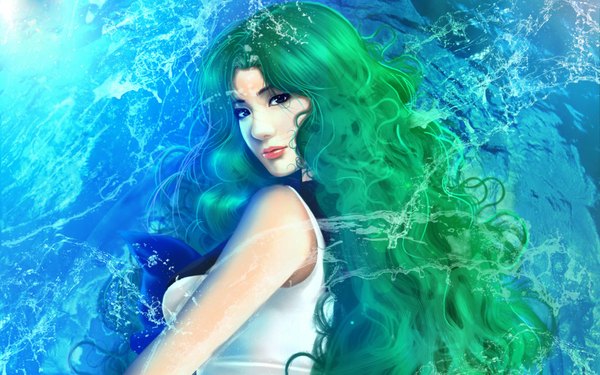 Anime picture 1680x1050 with bishoujo senshi sailor moon toei animation sailor neptune tagme (artist) single long hair looking at viewer blue eyes green hair lips sleeveless wavy hair girl water splashes
