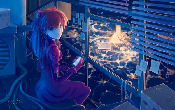Anime picture 1500x942 with neon genesis evangelion rebuild of evangelion gainax soryu asuka langley tyc001x single long hair looking at viewer fringe blue eyes holding signed ass from above orange hair pale skin girl window wire (wires) phone