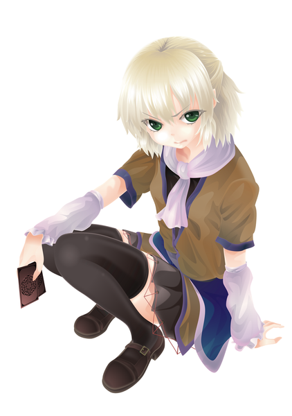 Anime picture 2159x3072 with touhou mizuhashi parsee hari (project railgun) single tall image looking at viewer highres short hair blonde hair simple background white background green eyes white hair half updo girl thighhighs skirt black thighhighs detached sleeves miniskirt