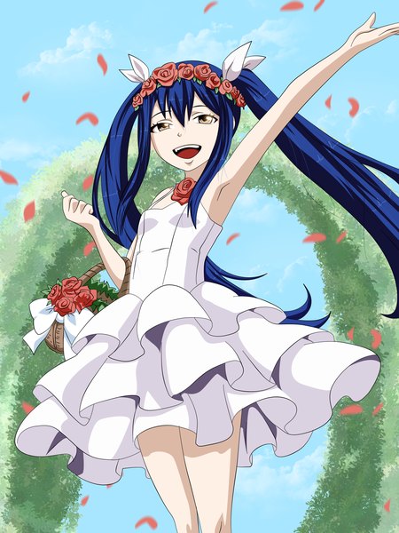 Anime picture 3200x4265 with fairy tail wendy marvell eikens single long hair tall image highres open mouth smile twintails blue hair absurdres sky cloud (clouds) armpit (armpits) loli grey eyes coloring girl dress