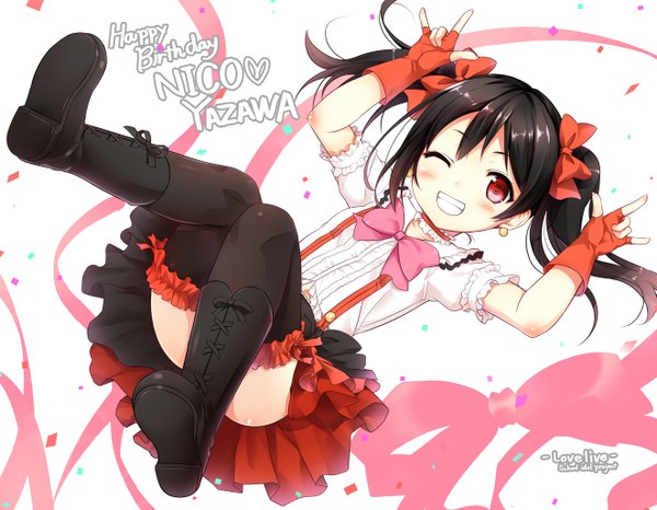 Anime picture 1321x1026 with love live! school idol project sunrise (studio) love live! yazawa nico cura single looking at viewer blush short hair open mouth black hair simple background smile red eyes white background one eye closed wink teeth character names happy birthday