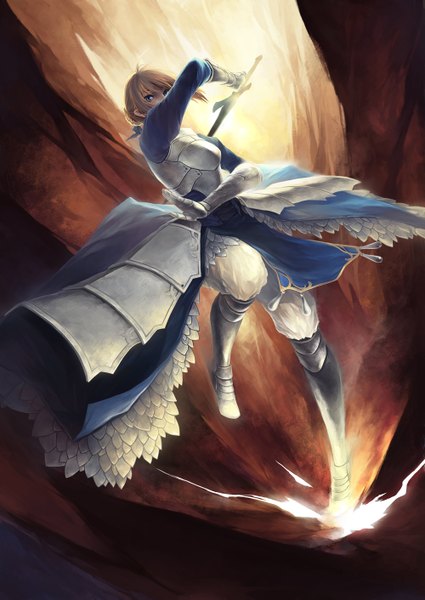 Anime picture 1000x1412 with fate (series) fate/extra type-moon artoria pendragon (all) saber kimaku (artist) single tall image short hair blue eyes blonde hair battle girl weapon sword armor