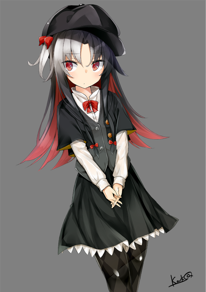 Anime picture 565x800 with ryuuou no oshigoto! yashajin ai kavka single long hair tall image black hair simple background red eyes standing signed looking away red hair multicolored hair grey background one side up colored inner hair hands clasped interlocked fingers rhombus