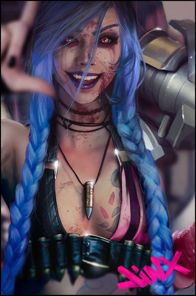 Anime picture 2000x3007 with league of legends jinx (league of legends) peter83 single long hair tall image looking at viewer fringe highres smile hair between eyes bare shoulders blue hair cleavage upper body braid (braids) nail polish pink eyes fingernails blurry