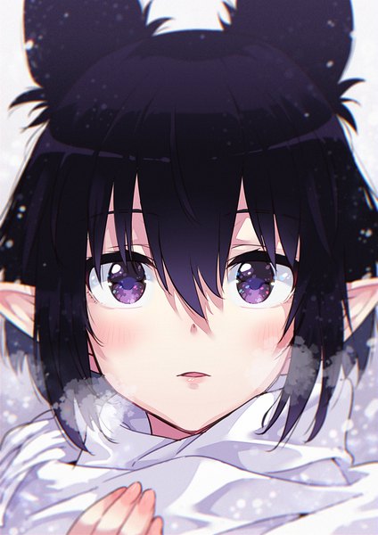 Anime picture 845x1196 with original mano (narumi arata) narumi arata single tall image looking at viewer blush fringe short hair open mouth black hair simple background hair between eyes white background purple eyes animal ears payot parted lips pointy ears portrait