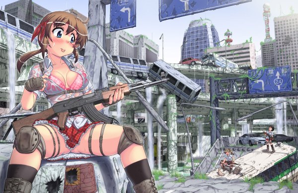 Anime picture 1200x780 with original hase yu blush blue eyes light erotic brown hair cleavage spread legs :p ruins post-apocalyptic girl skirt weapon miniskirt tongue ground vehicle car train traffic sign