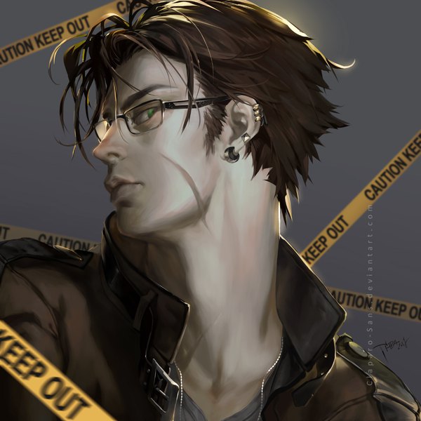 Anime picture 1000x1000 with original claparo-sans single looking at viewer short hair simple background brown hair green eyes signed upper body profile looking back realistic inscription grey background open jacket piercing portrait ear piercing scar