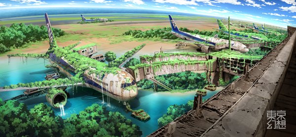 Anime picture 1930x900 with original tokyogenso highres wide image sky cloud (clouds) no people landscape panorama post-apocalyptic overgrown plant (plants) tree (trees) water car aircraft airplane