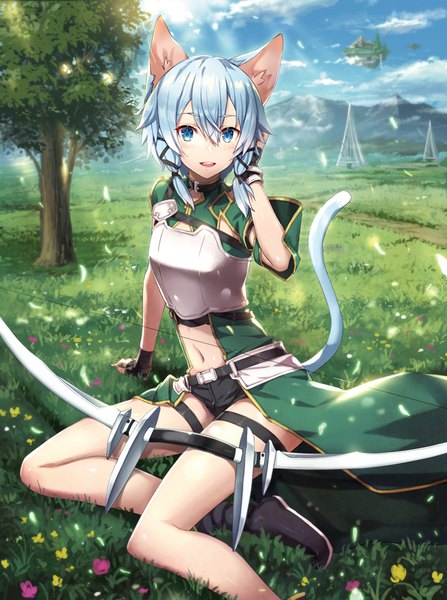 Anime picture 670x900 with sword art online a-1 pictures asada shino gabiran single tall image looking at viewer blush fringe short hair open mouth blue eyes smile hair between eyes sitting animal ears sky cloud (clouds) outdoors tail