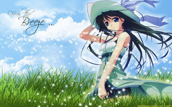 Anime picture 1440x900 with natsuiro no sunadokei serizawa kaho murakami suigun long hair black hair smile wide image sky aqua eyes wind inscription girl plant (plants) hat grass sundress